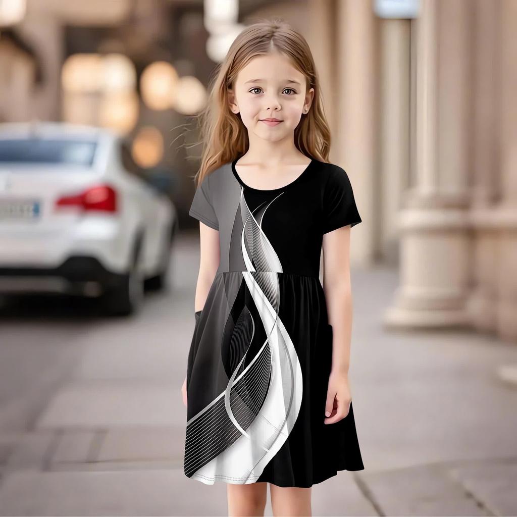 Детская юбка с круглым вырезом и коротким рукавом, платье принцессы, модное повседневное платье с карманами для девочек