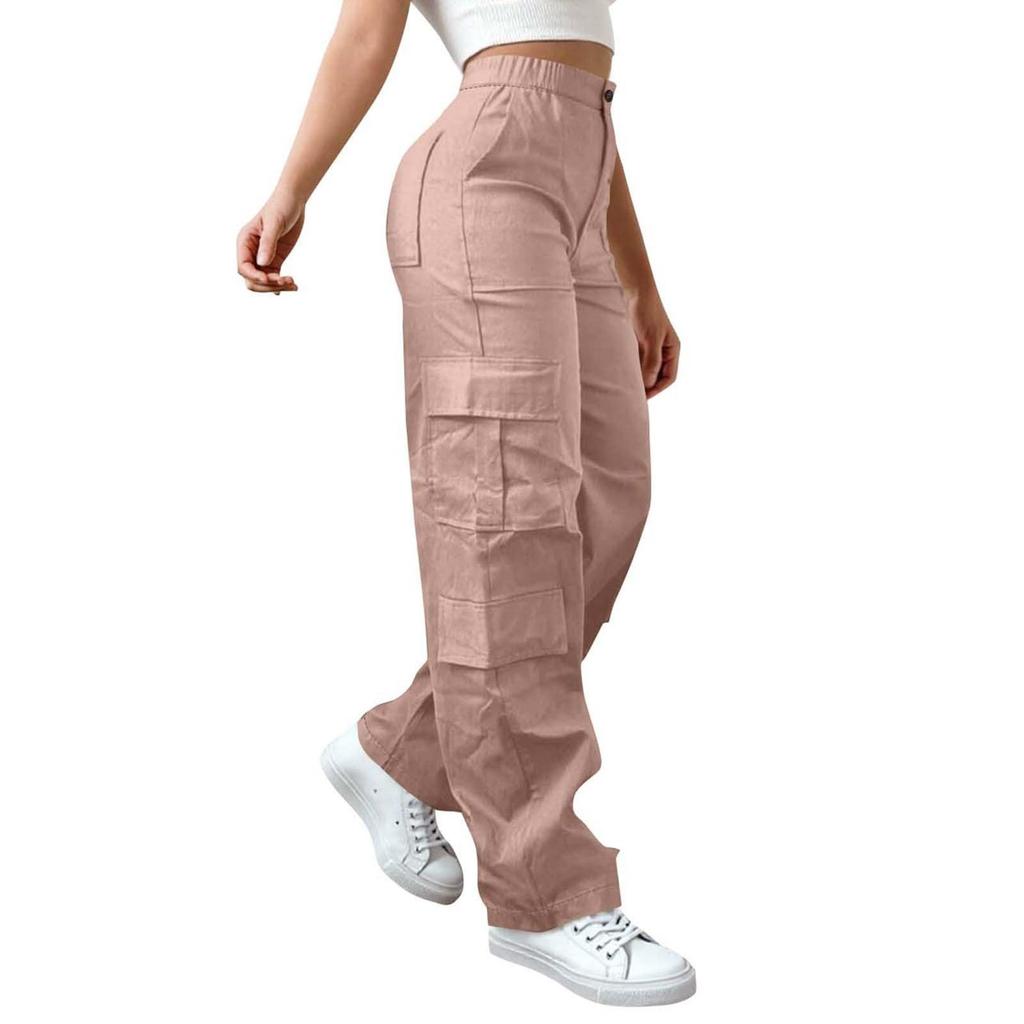 Womens Elastic High Waisted Cargo Pants Stretch Casual Wide Leg Streetwear Parachute Hiking Pants With Pockets