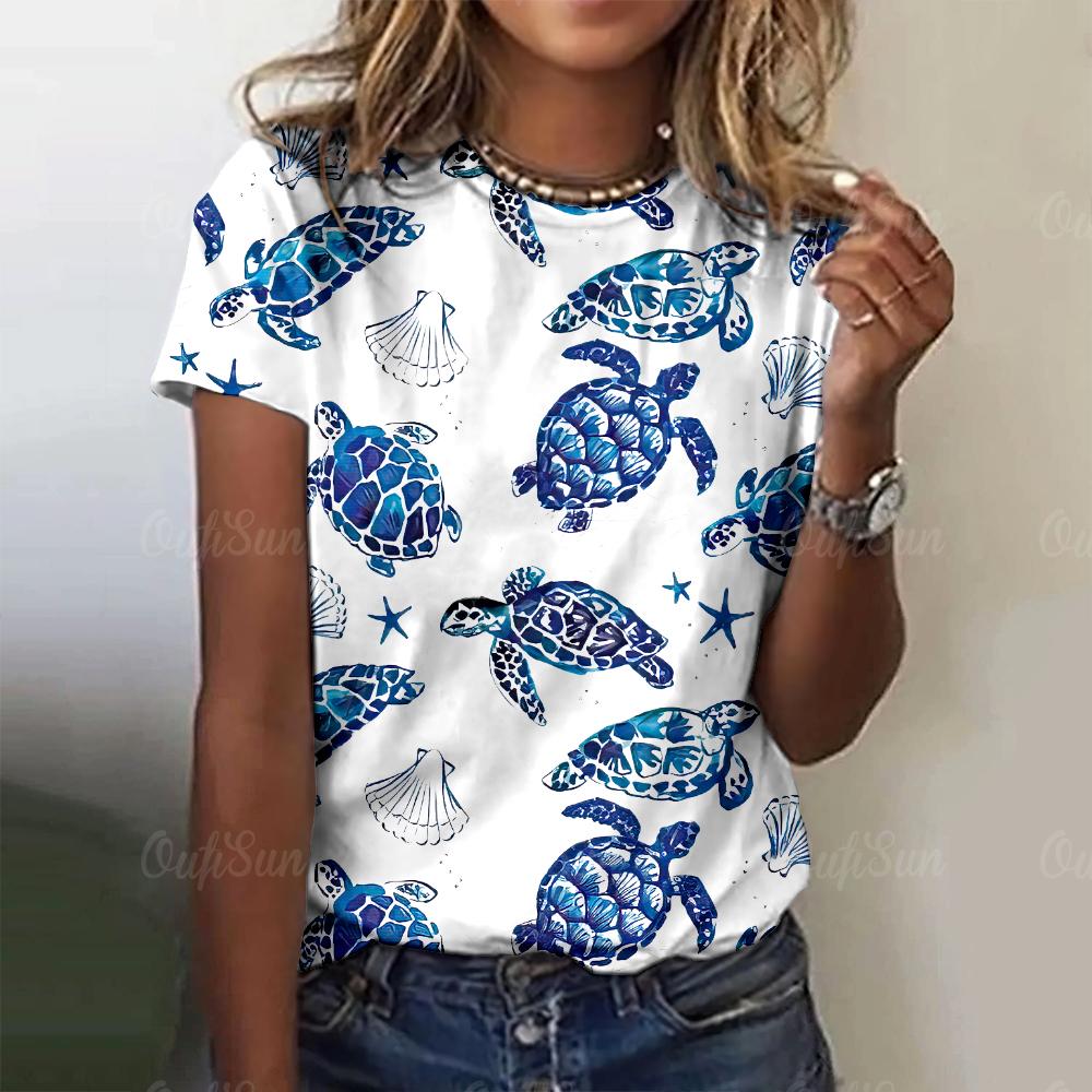 Футболки с принтом морских животных и рисунком морской черепахи и медузы, повседневные женские футболки, модные футболки с короткими рукавами для женщин