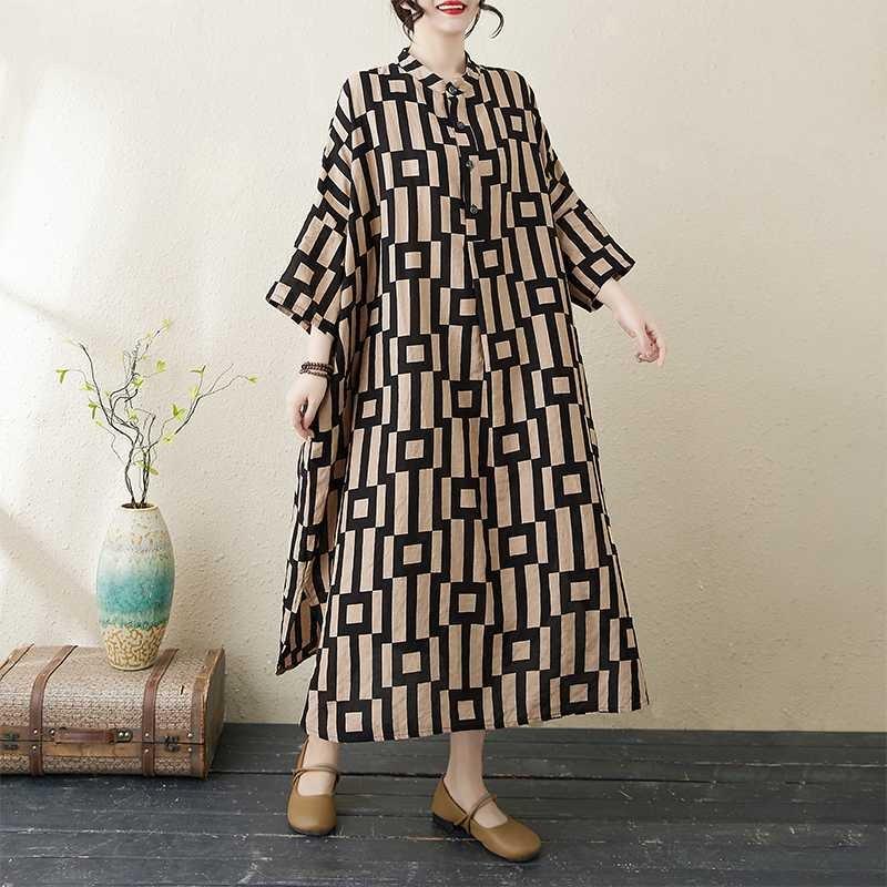 Платье для отпуска 2025 года с принтом и воротником-стойкой, свободного покроя, очень большого размера
