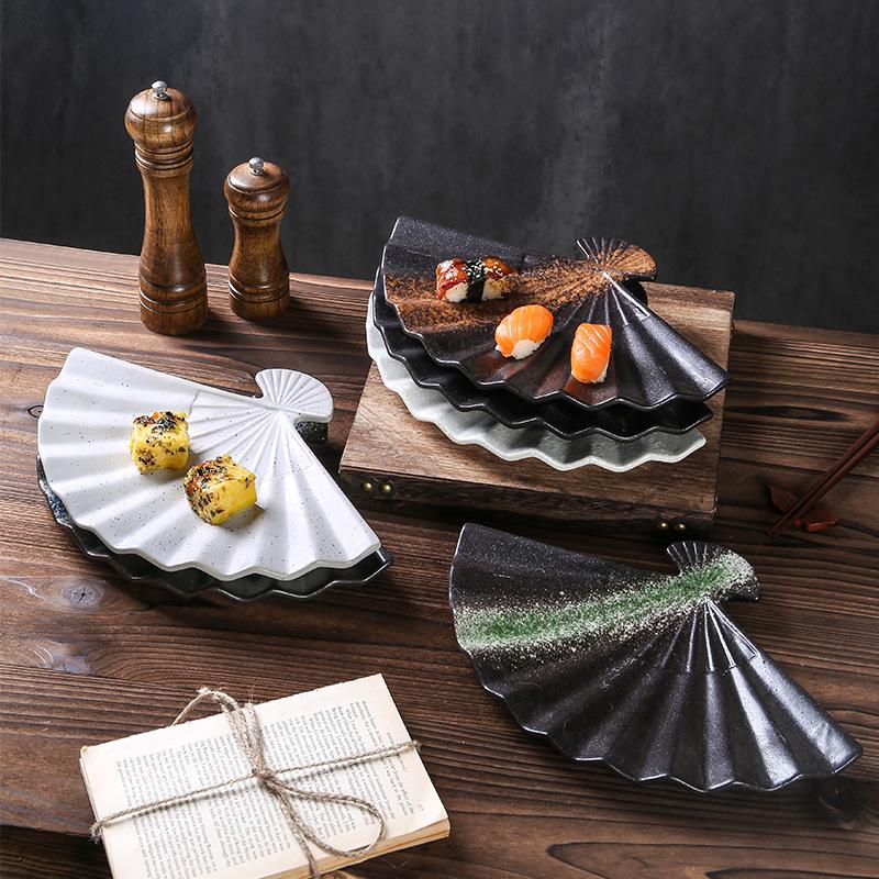 BEPAN Sushi, sashimi, grilled meat plate, Japanese cuisine, black and white tableware, household retro fan-shaped ceramic dinner plate