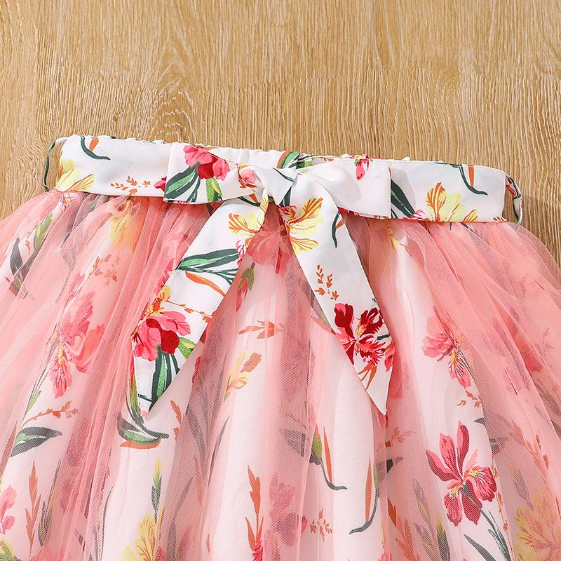 Летняя детская одежда, новая детская одежда для девочек 7-12 лет, топы с короткими рукавами и сетчатое платье, комплекты из 2 предметов