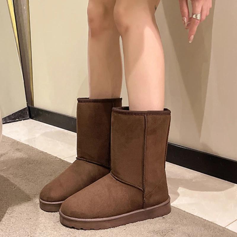 Женские туфли средней длины, женские зимние сапоги Moon, элегантные, на среднем каблуке, полувысокие, коричневые, зима 2024, стильная акция Pu On