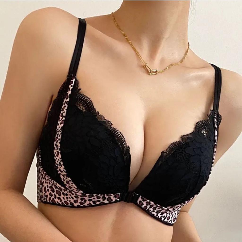 Leopard Print Front Button Bra Women's Beautiful Back Bra Women's Gathering and Adjustment Type Breast Collection Breathable Lace Bra