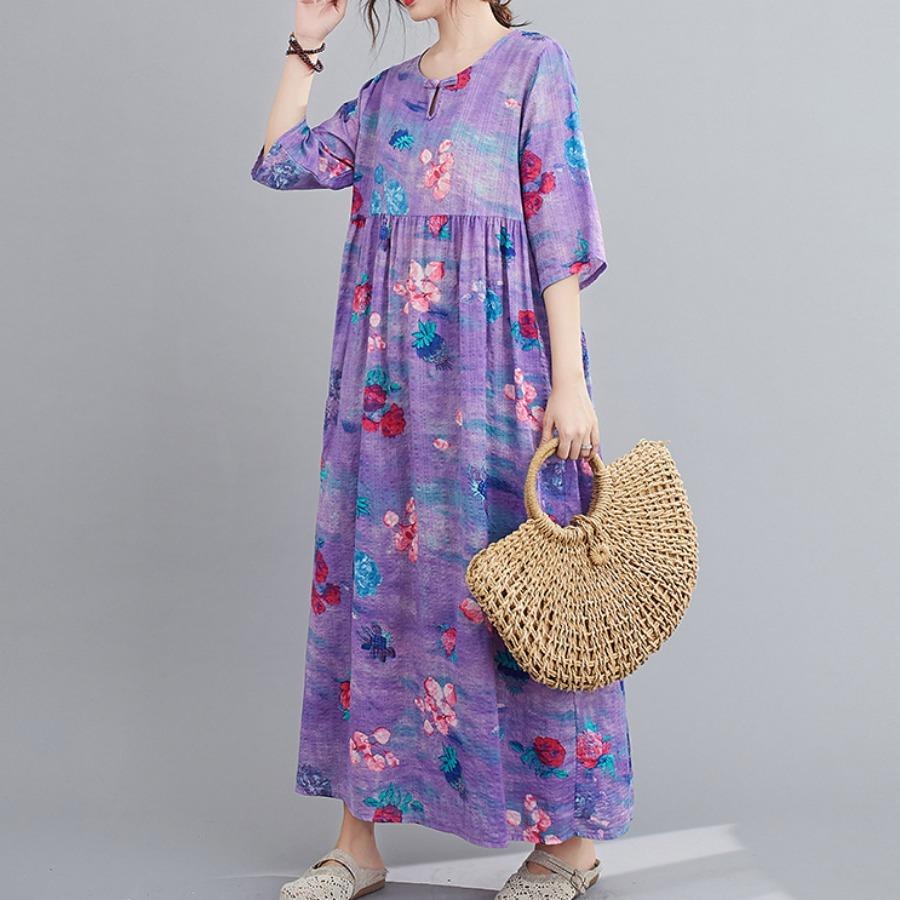 Этнический стиль Женское платье Лето Плюс Размер Принт Выше колена Рукав Семь Четвертей Длинные Платья