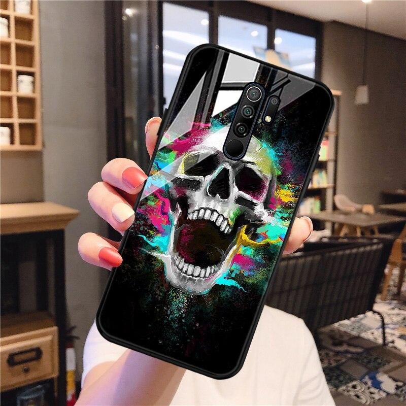 Redmi 9 Case Skull Skeleton Glass Case For Xiaomi Redmi 9 C 9C NFC 9A 8A 8 7A 7 Mi 9T Pro 9 Lite 8 SE Tempered Glass Hard Cover