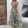 Летнее платье макси с глубоким V-образным вырезом и коротким рукавом, цветной принт в стиле бохо, эластичное, с высокой талией, оборками и строчкой по подолу, пляжное платье А-силуэта