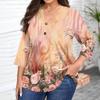 Plus Size Women's Fashion Casual Vintage Print V-Neck 3/4 Sleeve Button T-Shirt Top