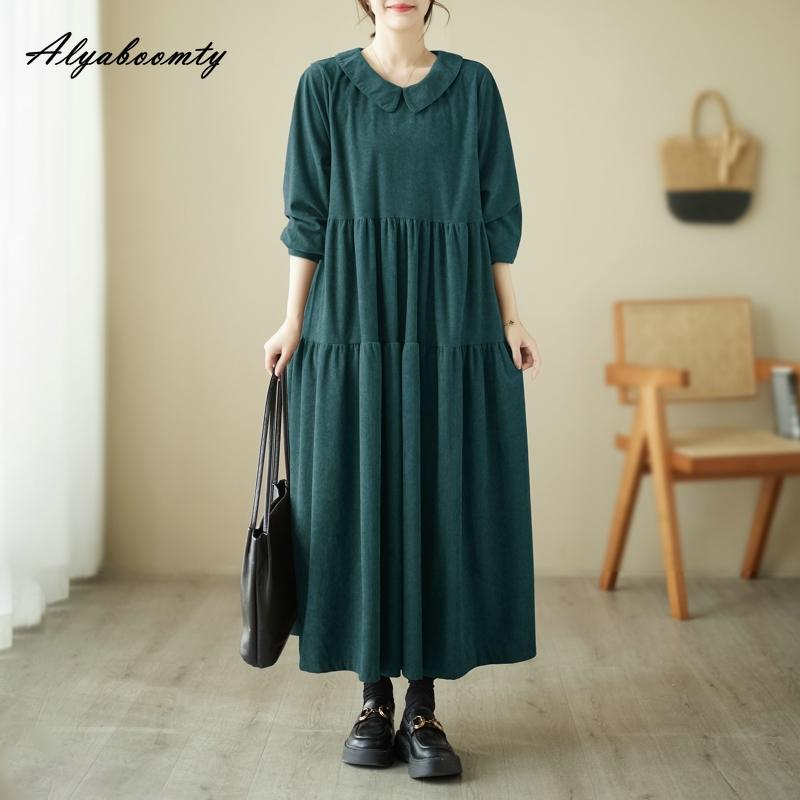 Плюс размер осень-весна женское платье большого размера с воротником Питера Пэна черно-зеленое кофейное повседневное свободное платье винтажное вельветовое платье с длинным рукавом