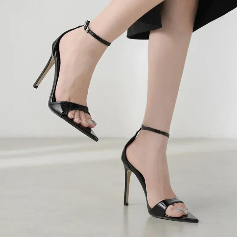 Остроконечные лакированные кожаные сексуальные открытые носки с одним словом, пряжка ремешок женские босоножки на тонком каблуке с высоким каблуком вечерние туфли сандалии