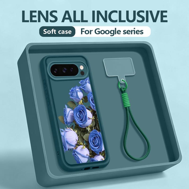 Blue Lily Flower Pattern Phone Case For Google Pixel 10 9 8 7 Pro Pixel 9 10 Pro XL 7A 8A 9A Shockproof TPU Soft Lanyard Cover