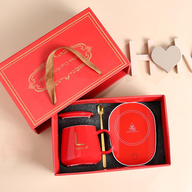 Christmas Gift Box 55 ℃ Thermostatic Cup with Lid Ceramic Cup with Spoon Coffee Cup Portable Meal for Office or Home Use