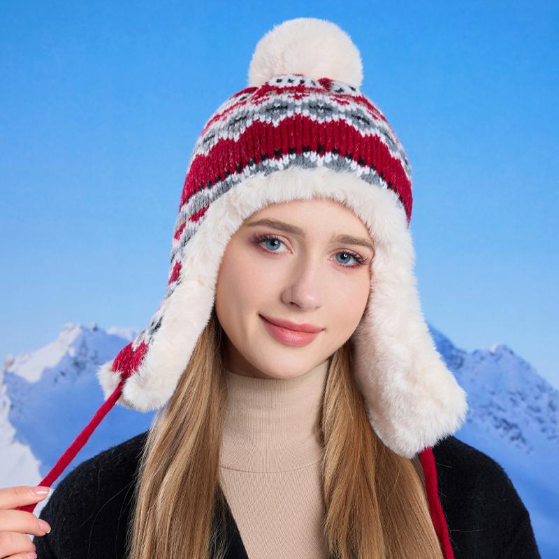 Winter Hat Women's Velvet Knitted Pullover Wool Hat Riding Warm Ear Protection Bomber Hats