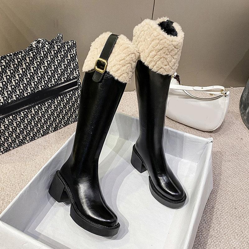 Зимние утягивающие рыцарские сапоги, высокие коричневые сапоги до колена, удобные сапоги на квадратном каблуке, с застежкой-молнией на ремне и пряжкой на платформе для женщин, теплые готические туфли с плюшевой отделкой