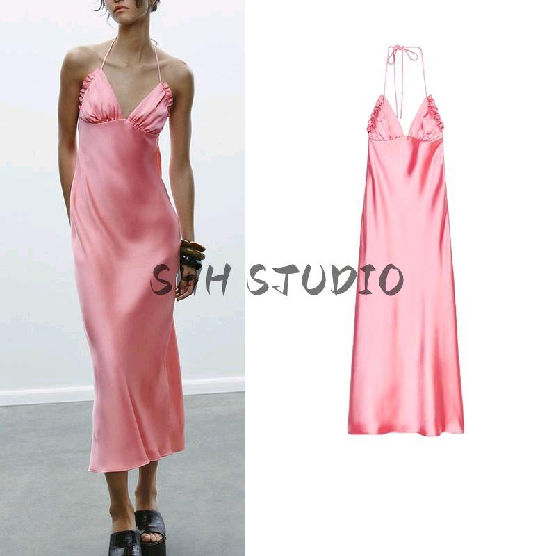 Spring New Women's Clothing Sexy V-neck Long Silk Satin Texture Hanging Collar Sling Dress 2454331