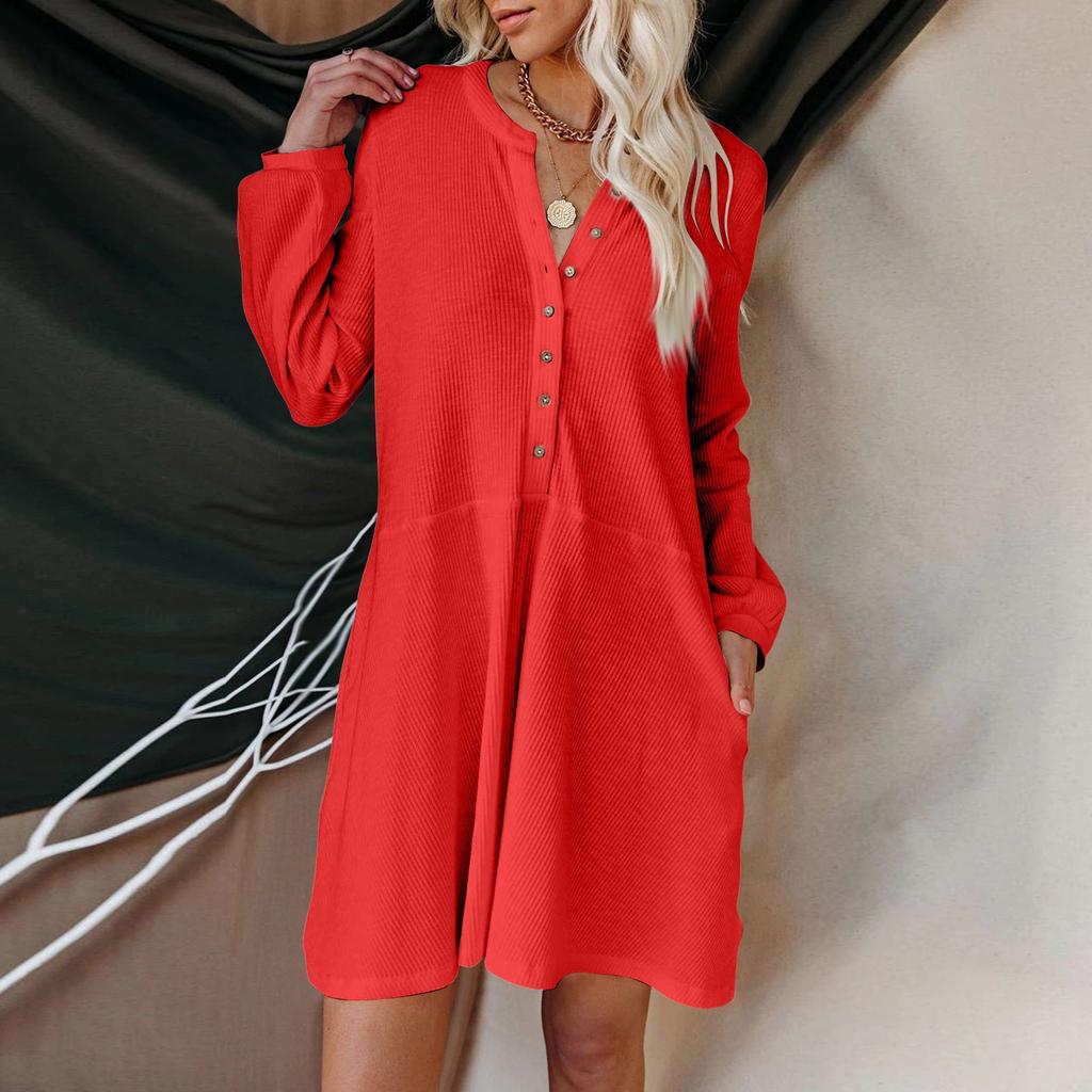 Женское осенне-зимнее модное и повседневное однотонное платье с V-образным вырезом и длинными рукавами на пуговицах