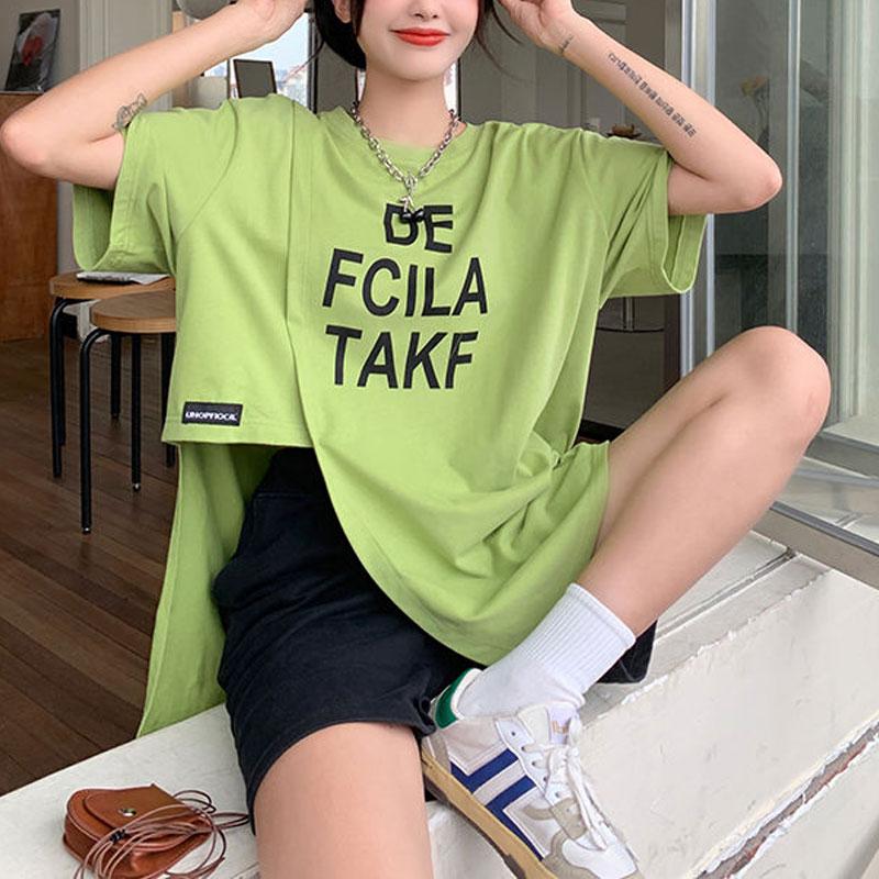 Модные асимметричные пуловеры с разрезом, женская одежда, с коротким рукавом, корейский свободный сшитый летний повседневный топ с принтом букв, новый