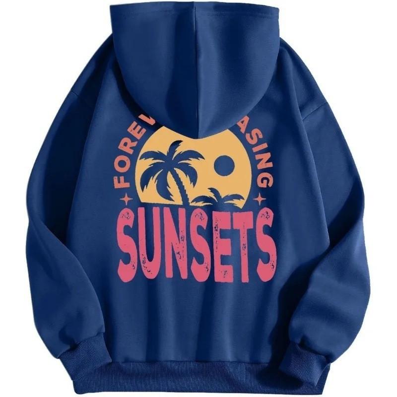 Women's Warm Casual Top Sunset Style Fashionable Printed Hoodie Back Letter Slogan Drawstring Hoodie