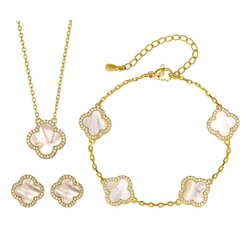 Набор украшений Натуральная белая ракушка Серьги-клевер Ожерелье Браслет Полный женский Высокая мода