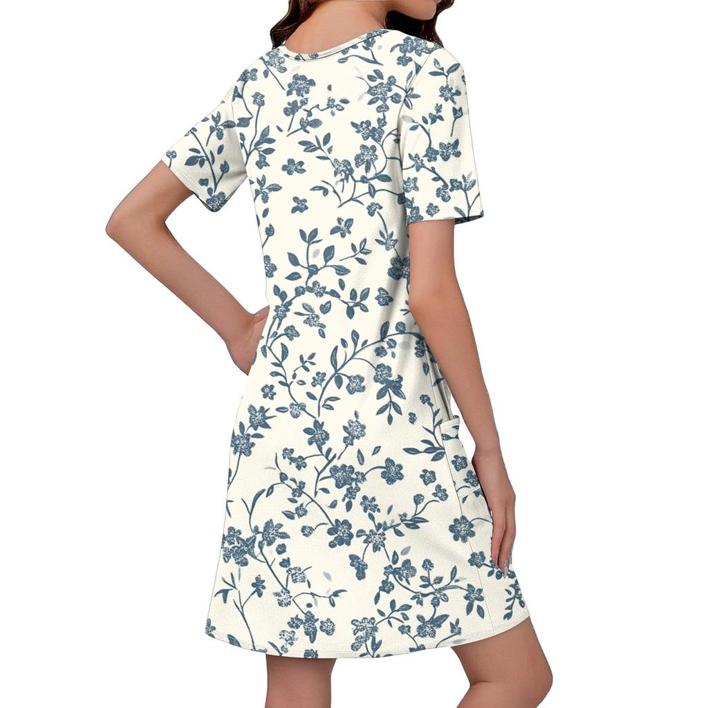Women's Summer Fashion Casual V-Neck Floral Print Short Sleeve Pocket Dress