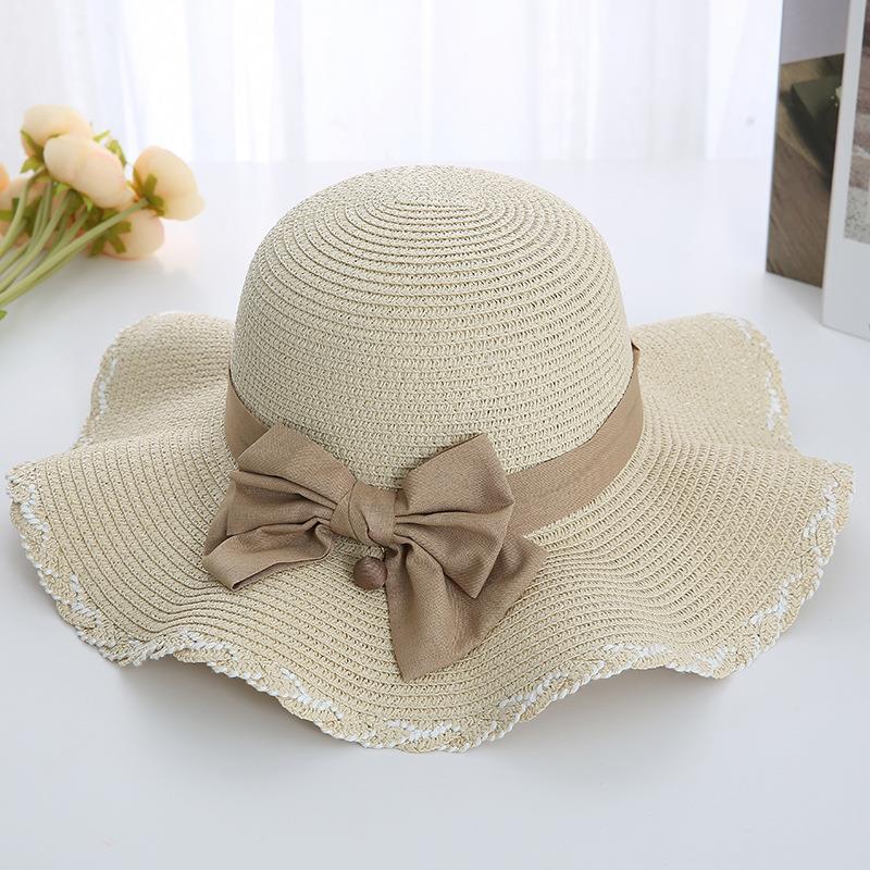 Hat Women's New Summer Wave Big Brimmed Grass Hat Versatile Bow Sunscreen Beach Women's Grass Hat