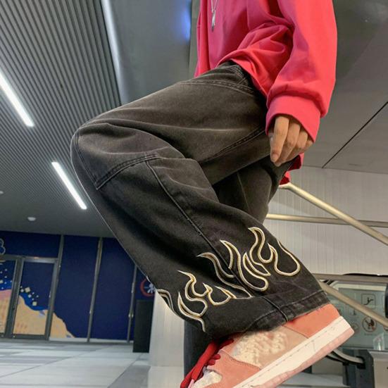 Мужские повседневные джинсы с пламенным узором, большие карманы, длинные брюки, прямые широкие брюки, уличные джинсовые брюки, вызывающие беспокойство