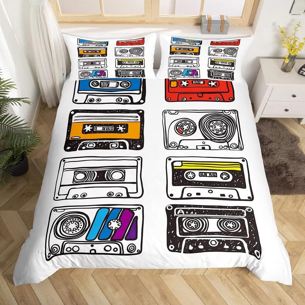 Cartoon Black Record Duvet Cover Set Retro Record Comforter Cover for Boy Girl Music Theme Bedding Set Queen King Duvet Covers