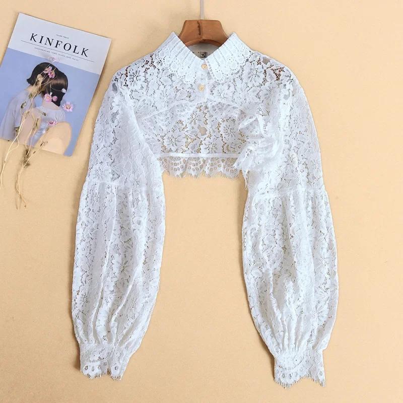 Women Puff Long Sleeve Half Top Blouse Ruffled Golden Button Detachable False Fake Collar Sweater Decorative Accessories