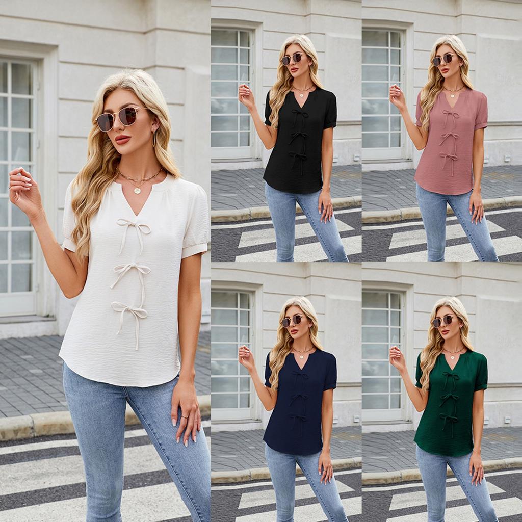 Весна и лето Новая однотонная футболка с короткими рукавами и бантом, модная футболка с V-образным вырезом для женщин