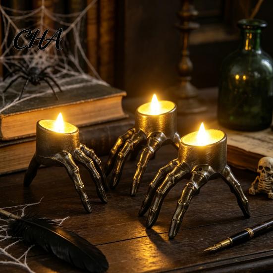 Reusable Festival Ornament Halloween Skeleton Hand Candle Light, Gothic Creepy Skull Hands Fake LED Creative Decoration for Table Centerpiece,