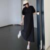 Dimanaf 2025 Summer Plus Size Dress Women Casual Vintage Short Sleeve Pleated Black Long Dress Loose Basic Dress
