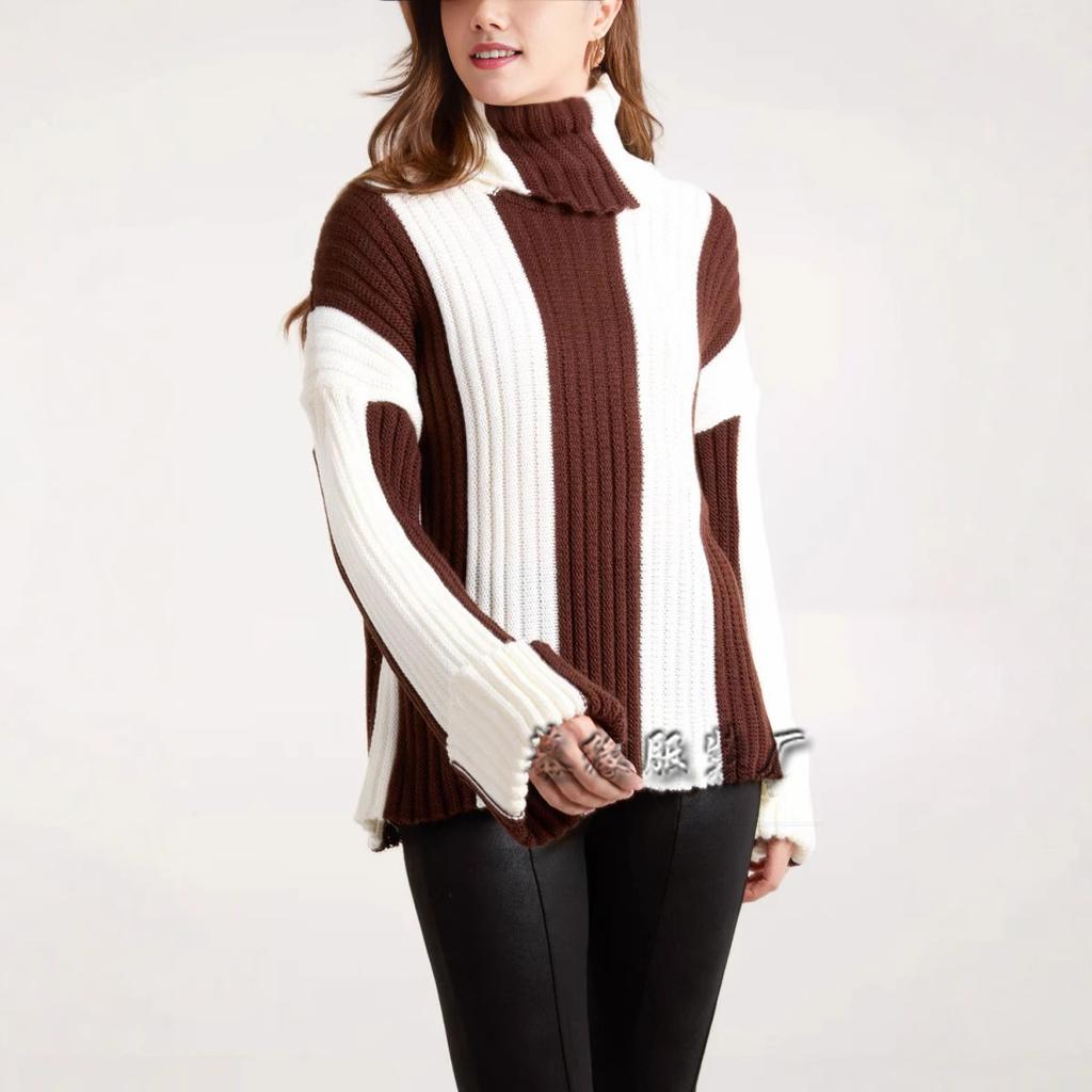 2025 New Style, Autumn/Winter, Women's Wear, Striped Knitted Sweater, Splicing, High Neck, Long Sleeve, Sweater, Winter Inner Top