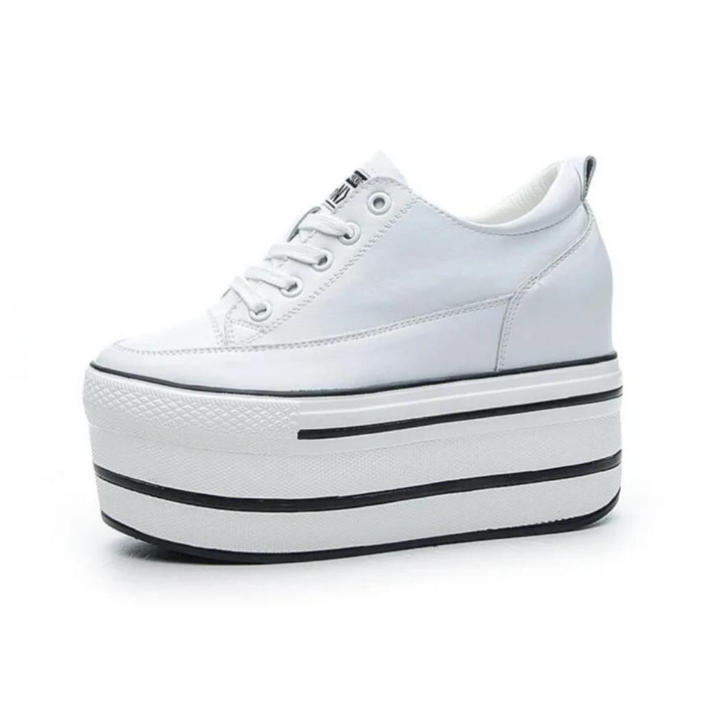 Осень 10,5 см Высокий Толстый Каблук Платформа Балетки Женская Повседневная Обувь Натуральная Кожа Мягкое Качество Повседневная Обувь Кроссовки Белый Черный