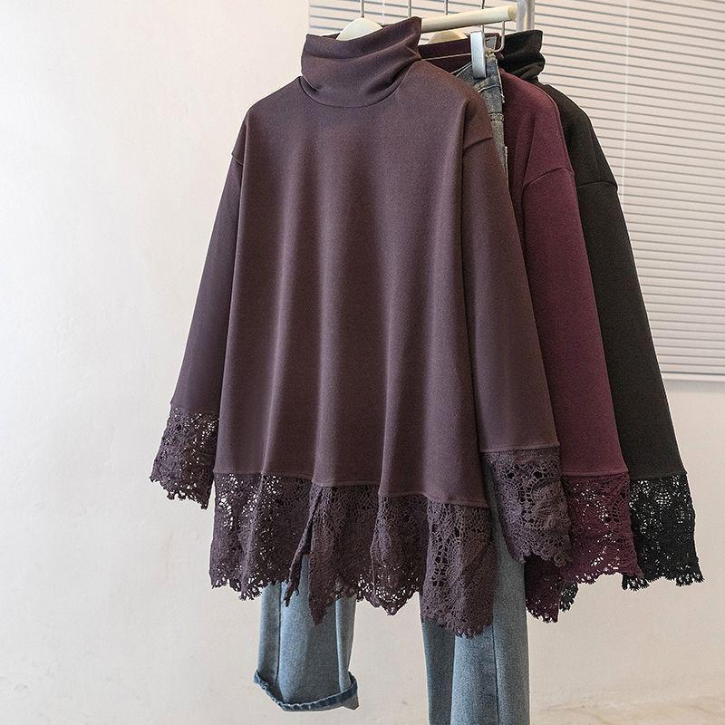 Женский топ большого размера из немецкого бархата с кружевом, длинный рукав, высокий воротник - Стройнящая осенне-зимняя верхняя одежда