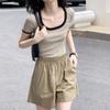 High-end Right Shoulder T-shirt for Women Summer Temperament Short Style New Style High WaistContrasting Color U-neck Versatile Short-sleeved Top
