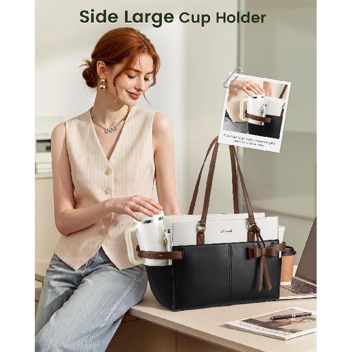 LOVEVOOK Work Tote for Women, PU Leather Laptop Bag with Large Cup Holder | Waterproof, Fits 15.6-Inch Laptop, Business Briefcase, Vintage PU Leather