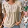 Women's Casual Short Sleeved Round Neck Lace T-shirt Solid Color Pleated Summer Top