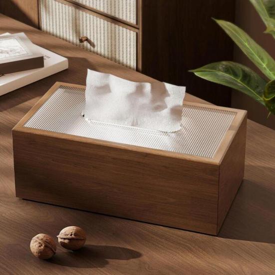 Chinese Style Wood Tissue Box with Acrylic Lid Light Luxury Easy Access Multi-functional Desktop Napkin Organizer
