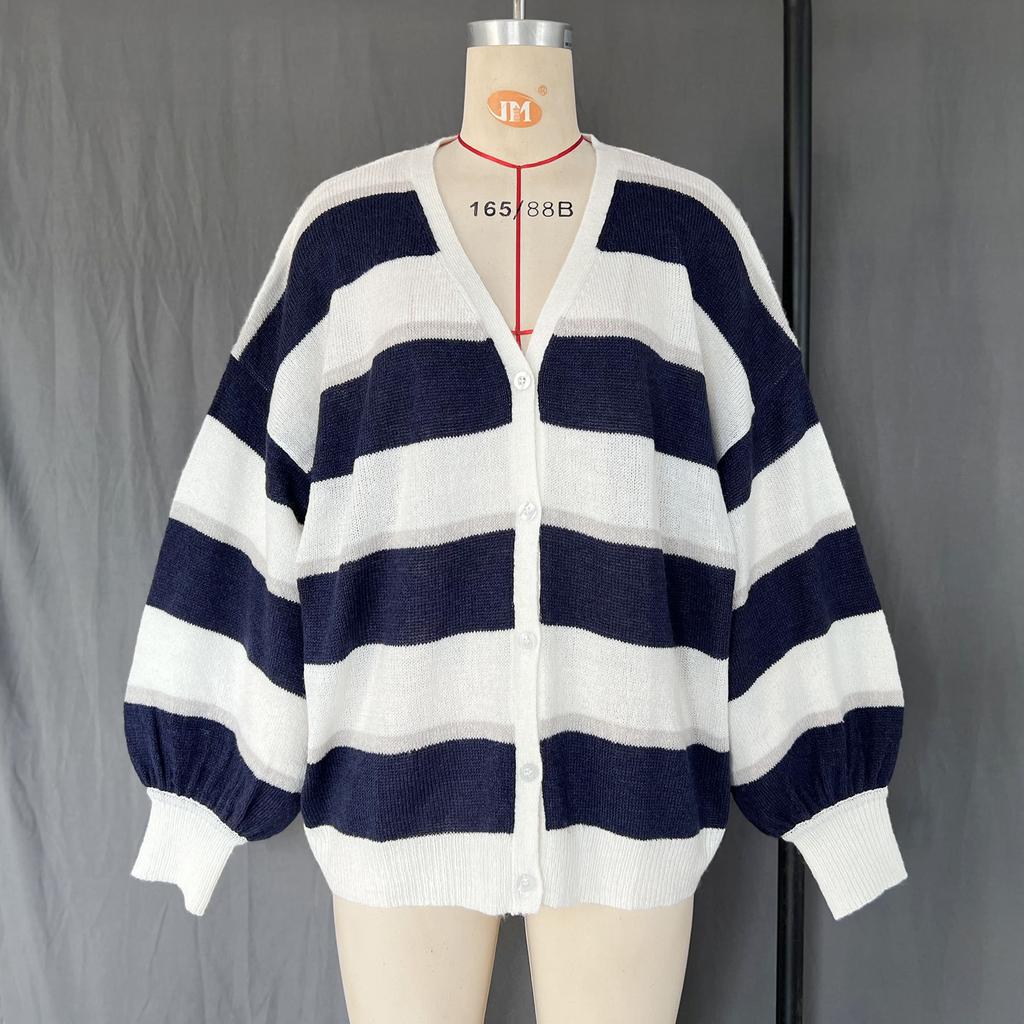 Women's Autumn and Winter Loose Striped Casual Cardigan Sweater