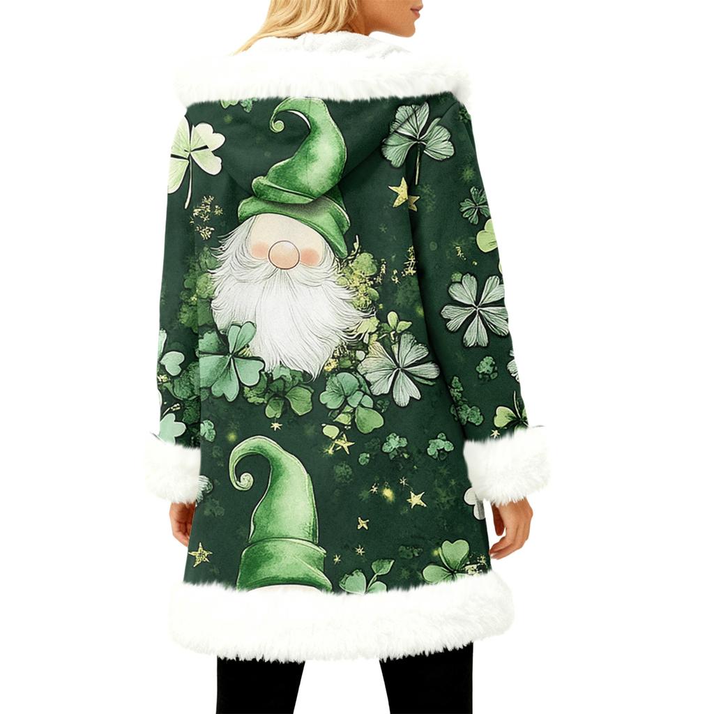 Unisex Casual And Fashionable Plush Collar Hooded Long Sleeved St. Patrick's Print Jacket