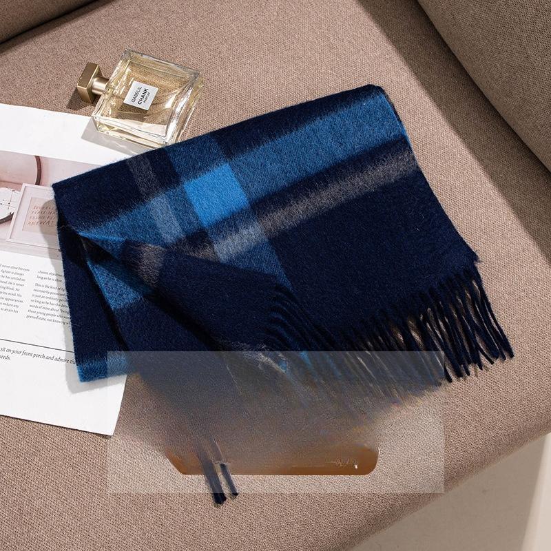 Scarf Women's Autumn and Winter Korean Style Pure Cashmere Scarf Thickened Men's Dark Blue High End Plaid Versatile Couple Scarf