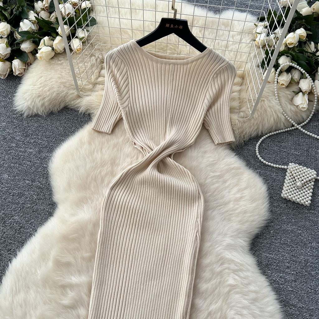 RUGOD сексуальное ажурное трикотажное платье 2025 года, облегающее, с коротким рукавом, с круглым вырезом, французское женское нежное облегающее длинное платье