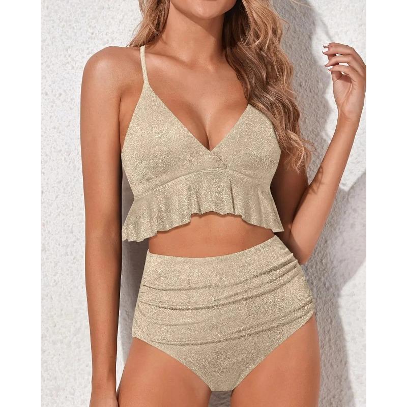 Купальник бикини с высокой талией, однотонный, раздельный дизайн, отделка краем в виде листьев, китайский бренд, модный женский купальник