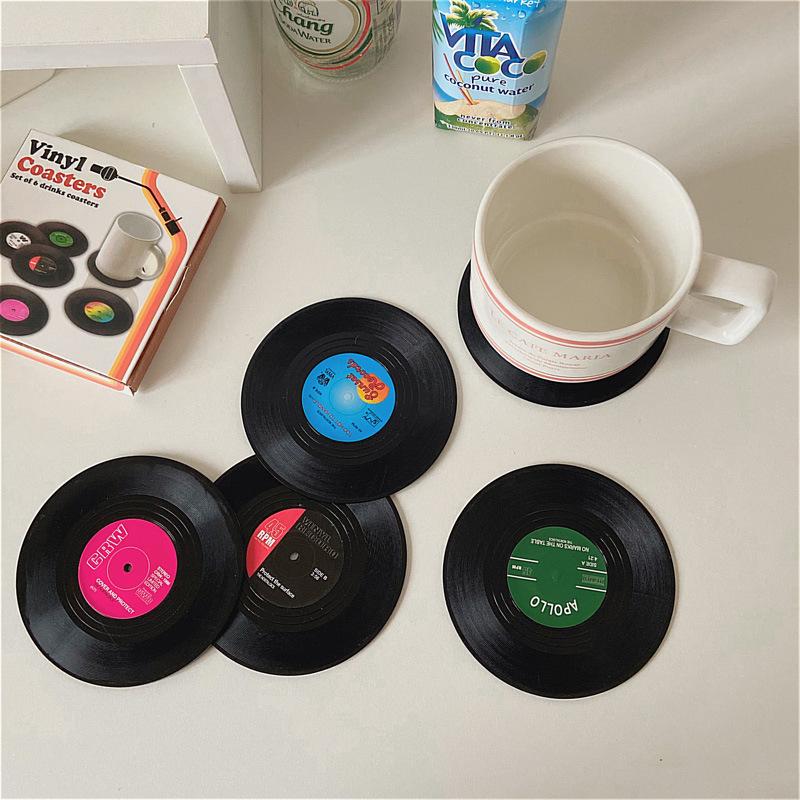 6pc Record Cup Plastic Retro Disk Cup Mat Anti-slip Coffee Coasters Heat Resistant Drink Mug Mat Table Placemat Holder Home Deco