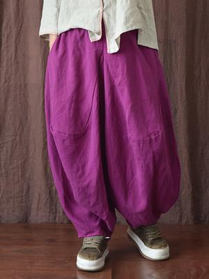 Женские винтажные льняные широкие брюки, однотонные свободные брюки, осенние повседневные женские брюки с карманами