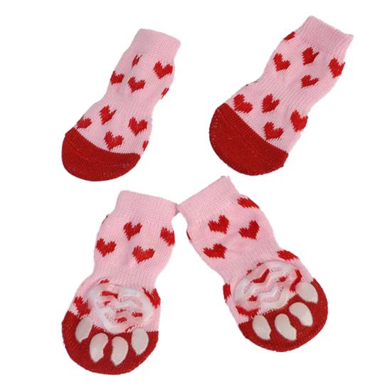 4Pcs Socks Heart-shape Printing Comfortable Dog Accessories Non-Slip Warm Paw Protector for Pet