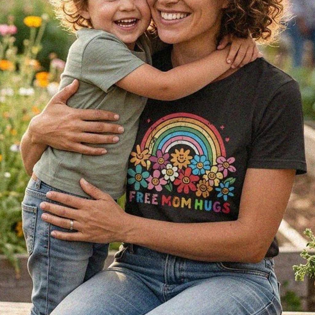 Free Mom Hugs Shirt | Retro Groovy Rainbow Pride Tee, Smiling Flowers Kindness Top