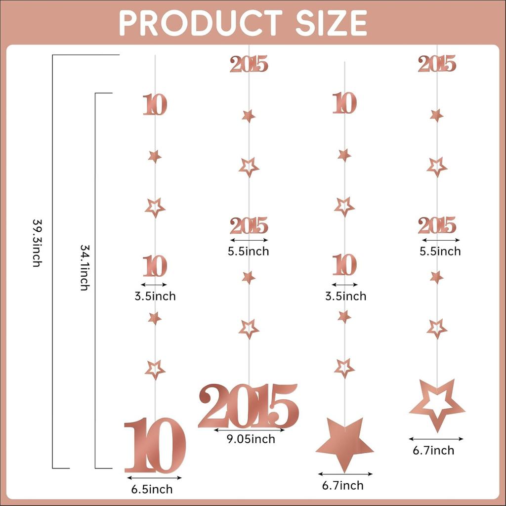 Pink Rose Gold 10th Birthday Decorations for Girls, Pre-Strung Glitter Twinkle Number 2015 10 Years Old Hanging Streamer Banner Party Supplies, Pink