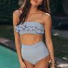 2Pcs/Set Women Bikini Set Ruffle Trim Bandeau Padded Push-Up Bra High Waisted Briefs Set Striped Print Beachwear