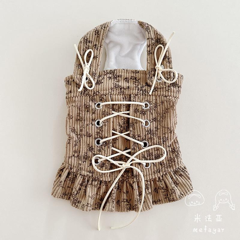 Autumn Winter Striped Lace Doll Collar Base Shirt Cute Corduroy Drawstring Vest Plush Bubble Sleeves Shoulder Strap Skirt Set